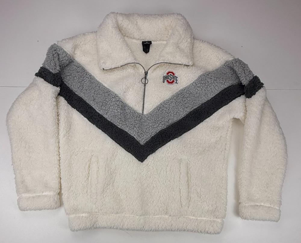 Ohio State Buckeyes Womens M Sherpa Fleece 1/4 Zip Pullover White Gray OSU